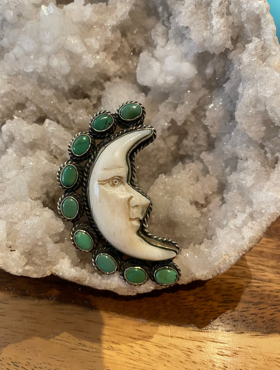 Turquoise and Carved Moon Face Adjustable Ring