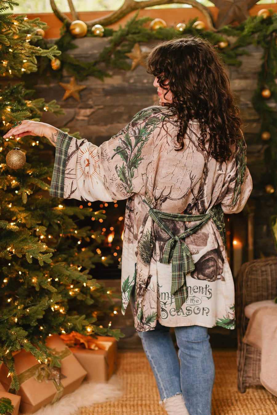 Winter Wish Christmas Plaid Bamboo Kimono Cardigan with Belt