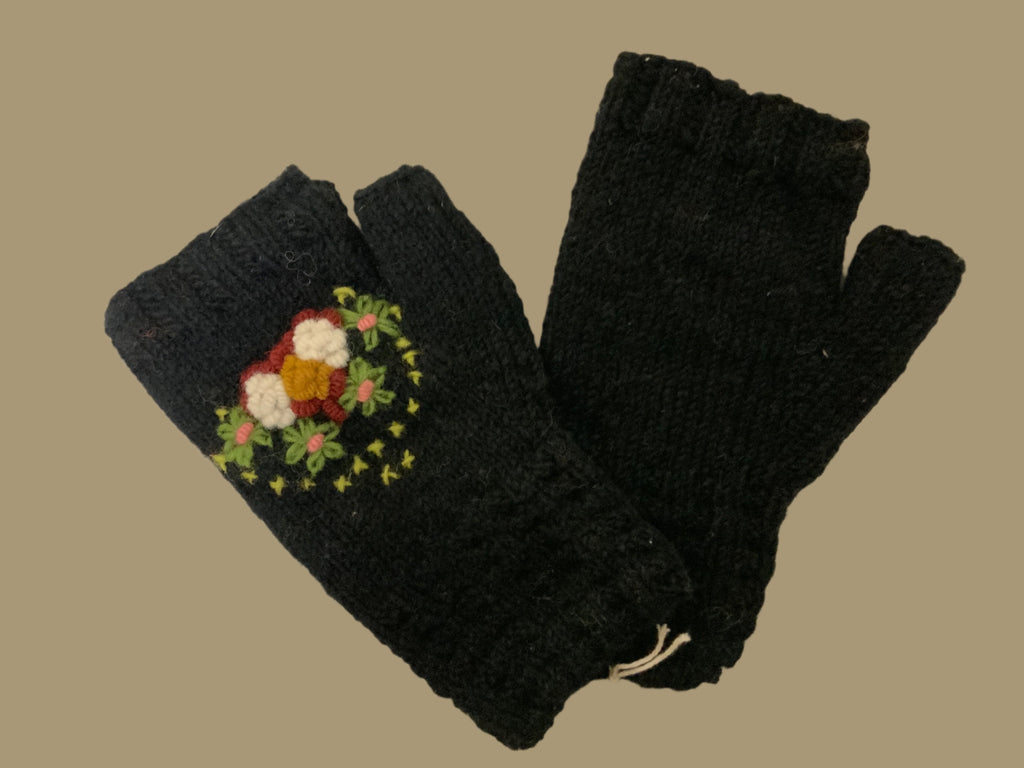 Fingerless Wool Lined Gloves with Emboidered Flowers by Yak N Yeti Robin Boutique