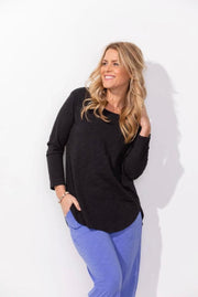 Solid Cotton Slub 3/4 Sleeve High-Low Tee by Escape