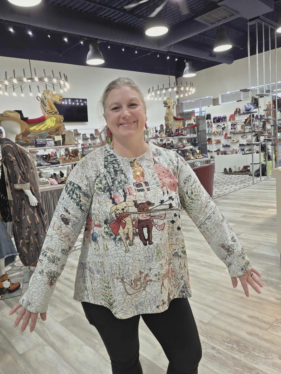 Quilted A-Line Pullover in Holiday Joy Print by Inoah