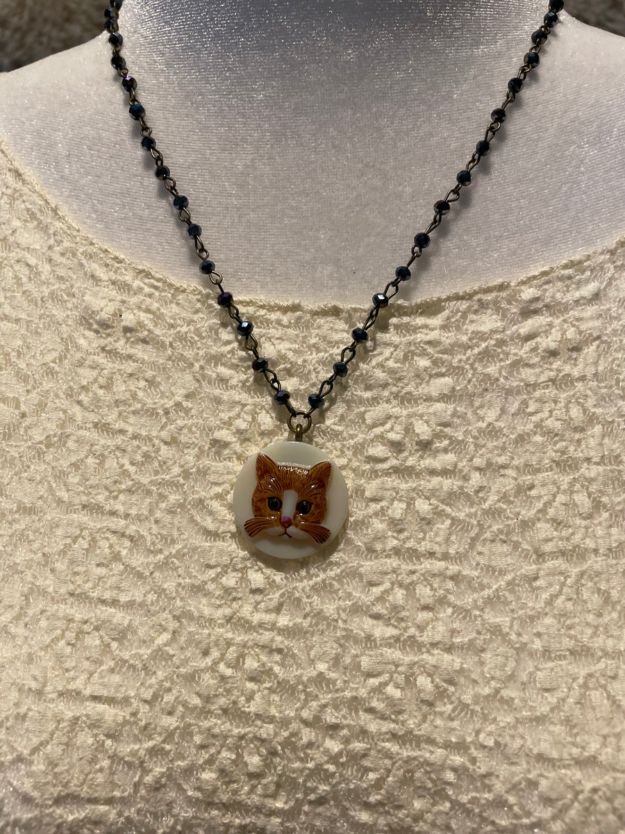 Vintage Cat Button Cameo Necklace by Gina