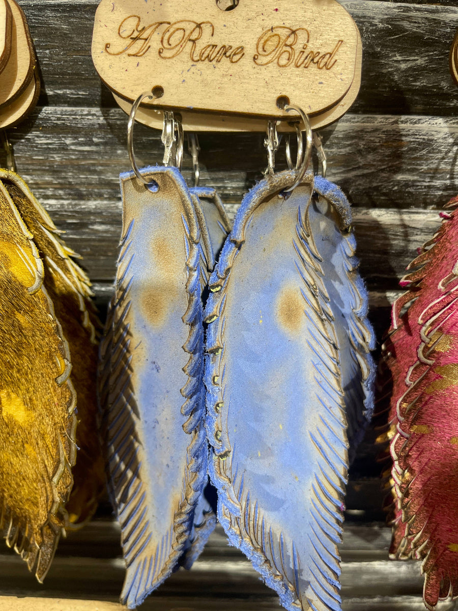 Hand-cut Periwinkle Leather Feather Earrings