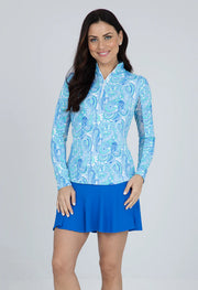 Gloria Print Long Sleeve Mock Neck Polo in Peri/Jade