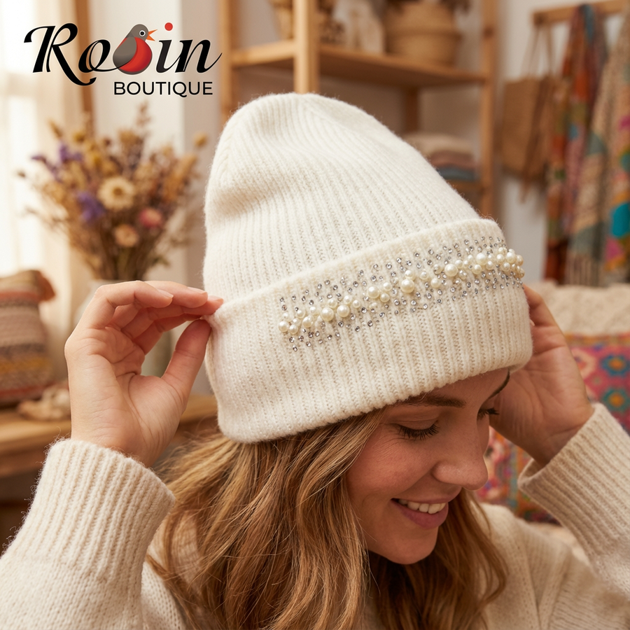 C.C. Beanie Pearl & Rhinestone Angora Cuff Beanie Robin Boutique