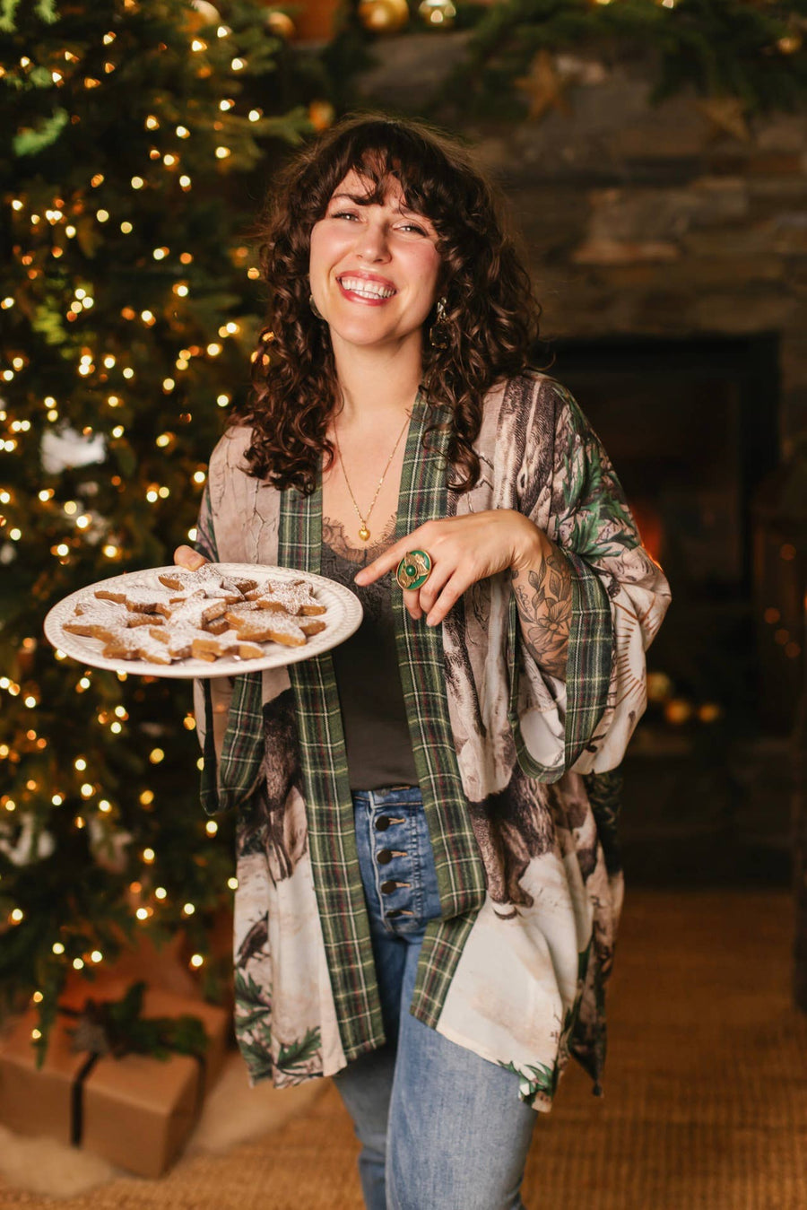 Winter Wish Christmas Plaid Bamboo Kimono Cardigan with Belt