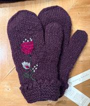 Theres Deep Plum Hand Knit Beanie Hat, Mittens and Fingerless Armwarmers By Many Hands