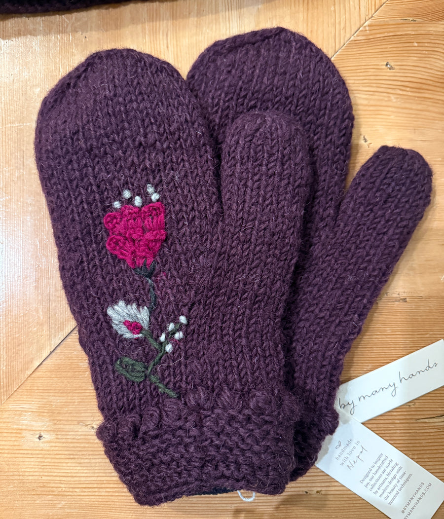 Theres Deep Plum Hand Knit Beanie Hat, Mittens and Fingerless Armwarmers By Many Hands