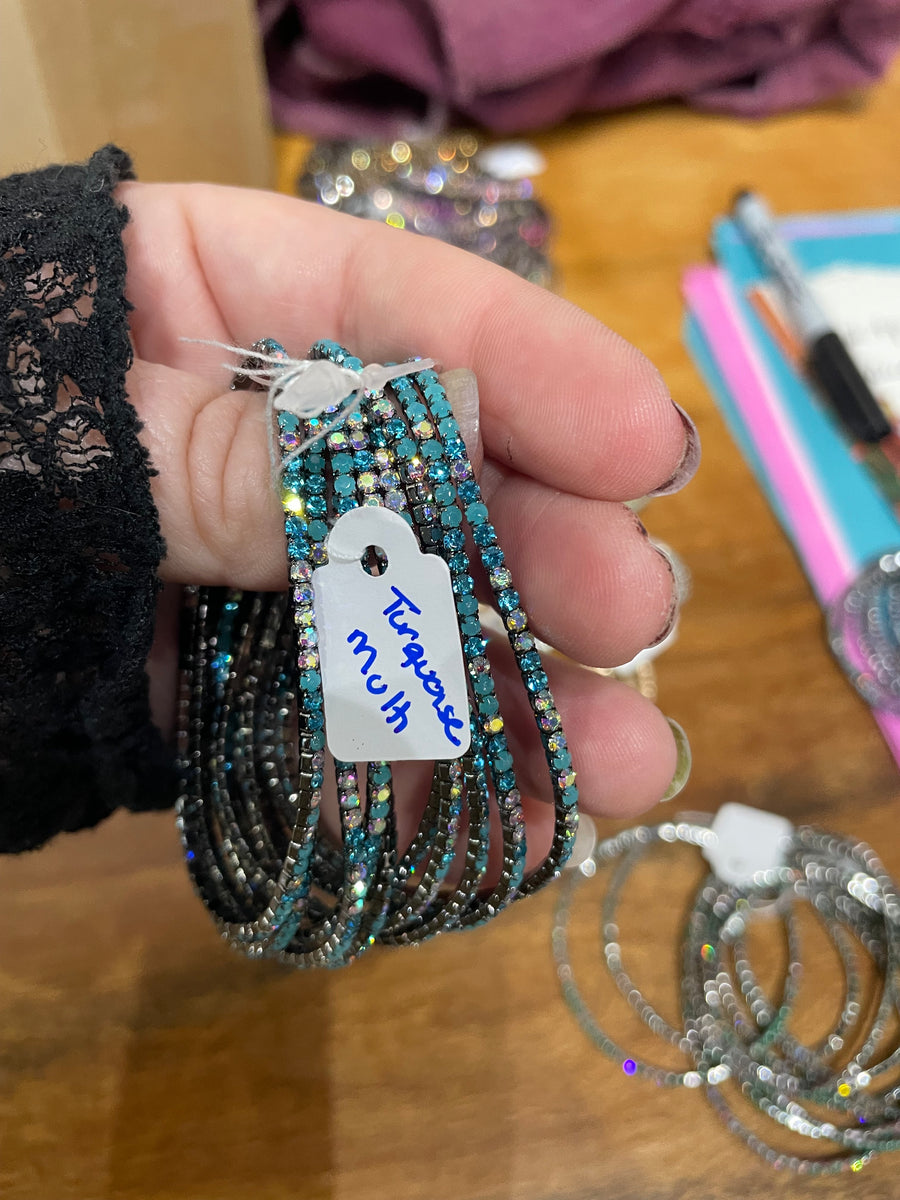 Rhinestone Tennis Stretch Bracelets on Black Silver