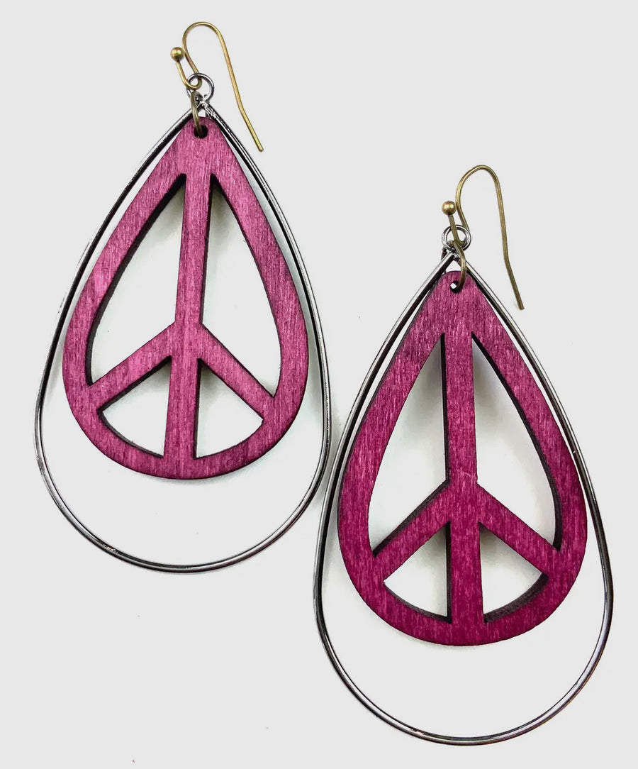 Dyed Wood Peace Sign Earrings