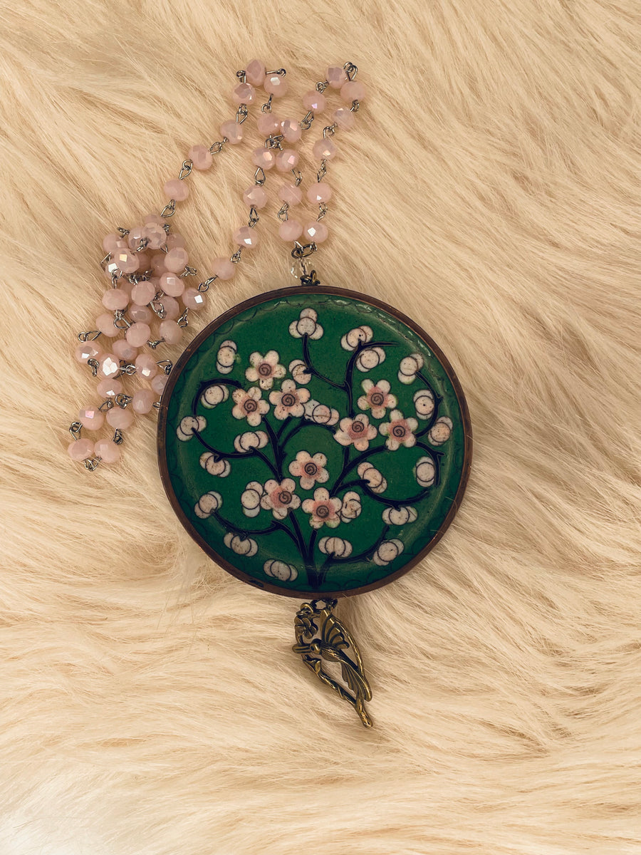 Mini Porcelain Plate in Green Rose Necklace by Gina