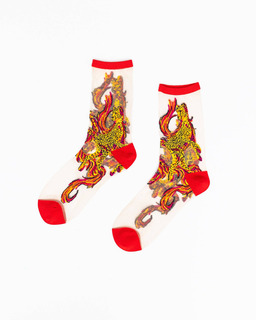Flaming Cheetah Sheer Crew Sock by Sock Candy Robin Boutique