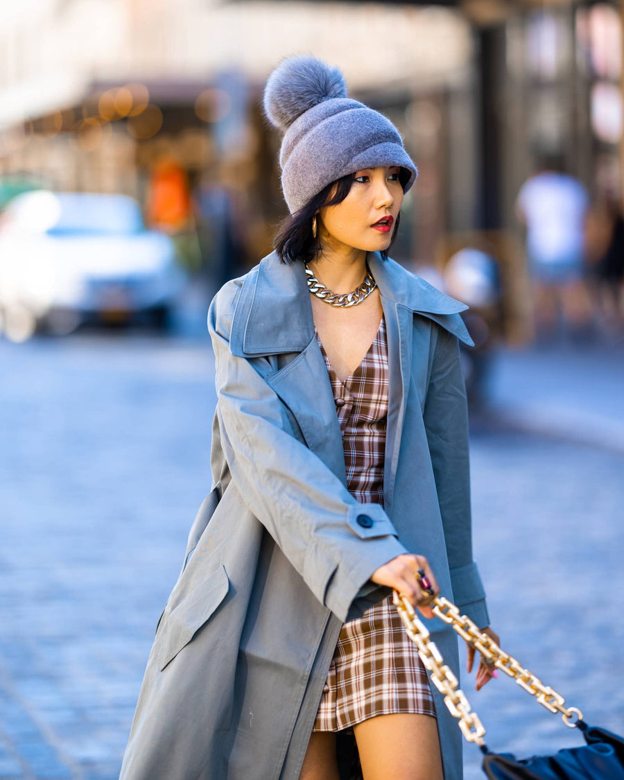 Turban Cap with Fox Pom Pom