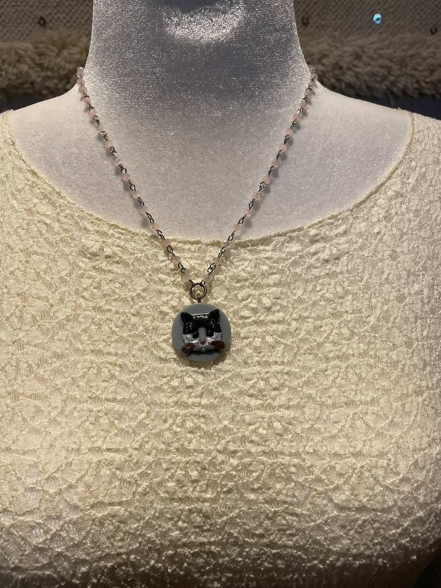 Vintage Cat Button Cameo Necklace by Gina