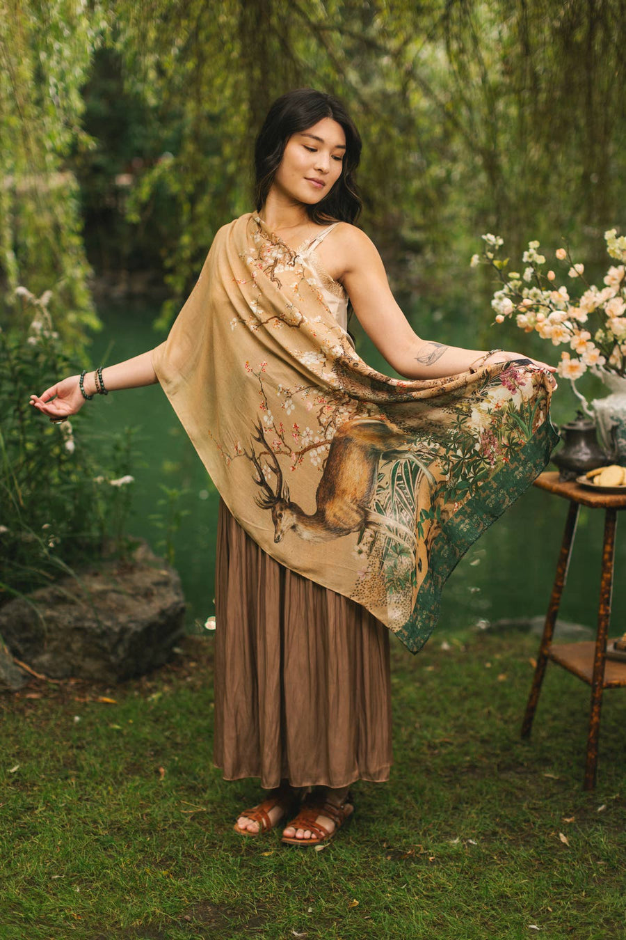 Fable Bohemian Floral Bamboo Scarf with Deer & Moon