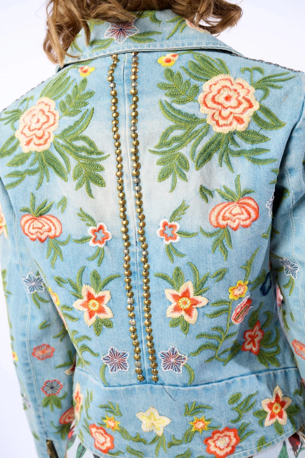 Lucinda Embroidered Denim Motorcycle Jacket by Aratta - Robin Boutique
