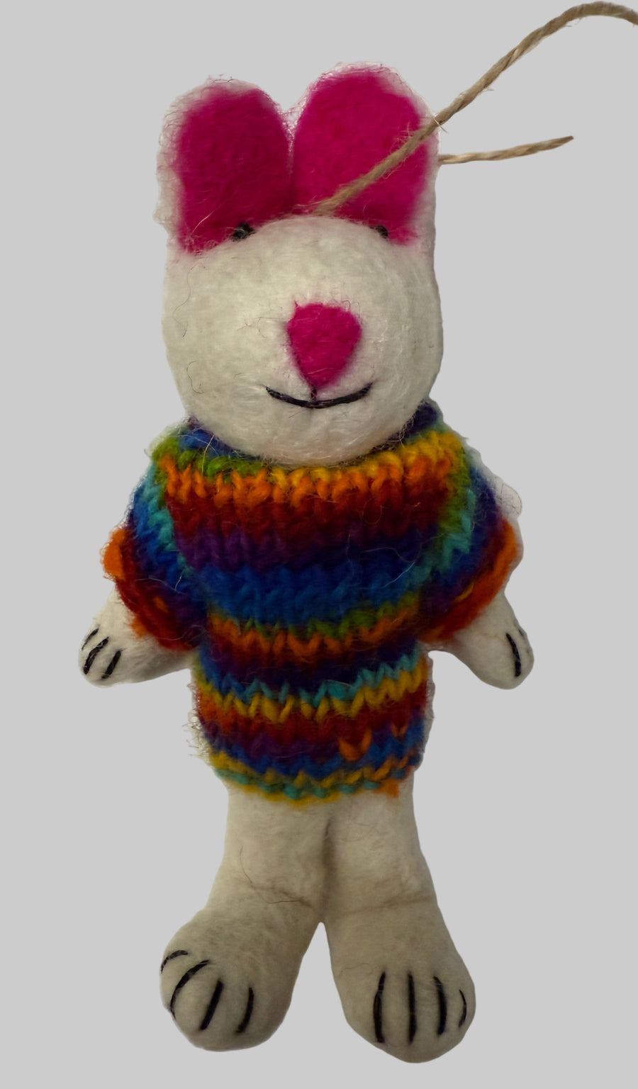 Wool Felt Christmas Ornament- Bunny in a Rainbow Sweater Robin Boutique