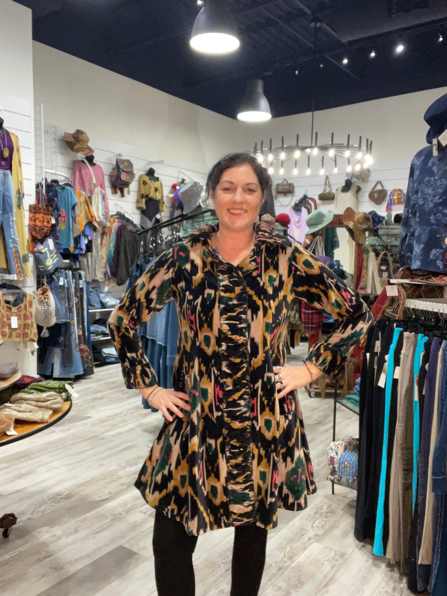 Ikat Velvet Knee Length Jacket by Paper Lace Robin Boutique