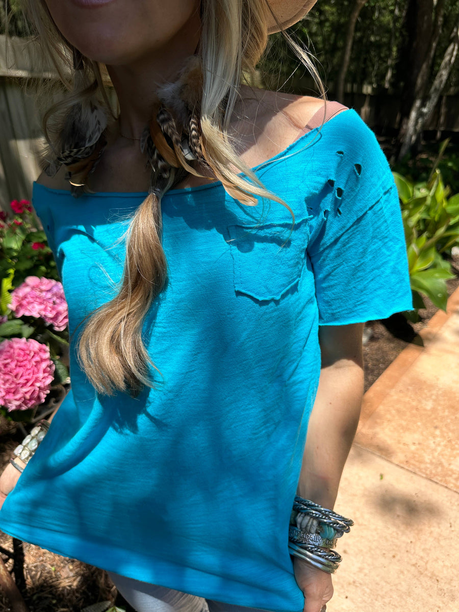 Electric Blue Rip Tattered Shirt by A Rare Bird Robin Boutique