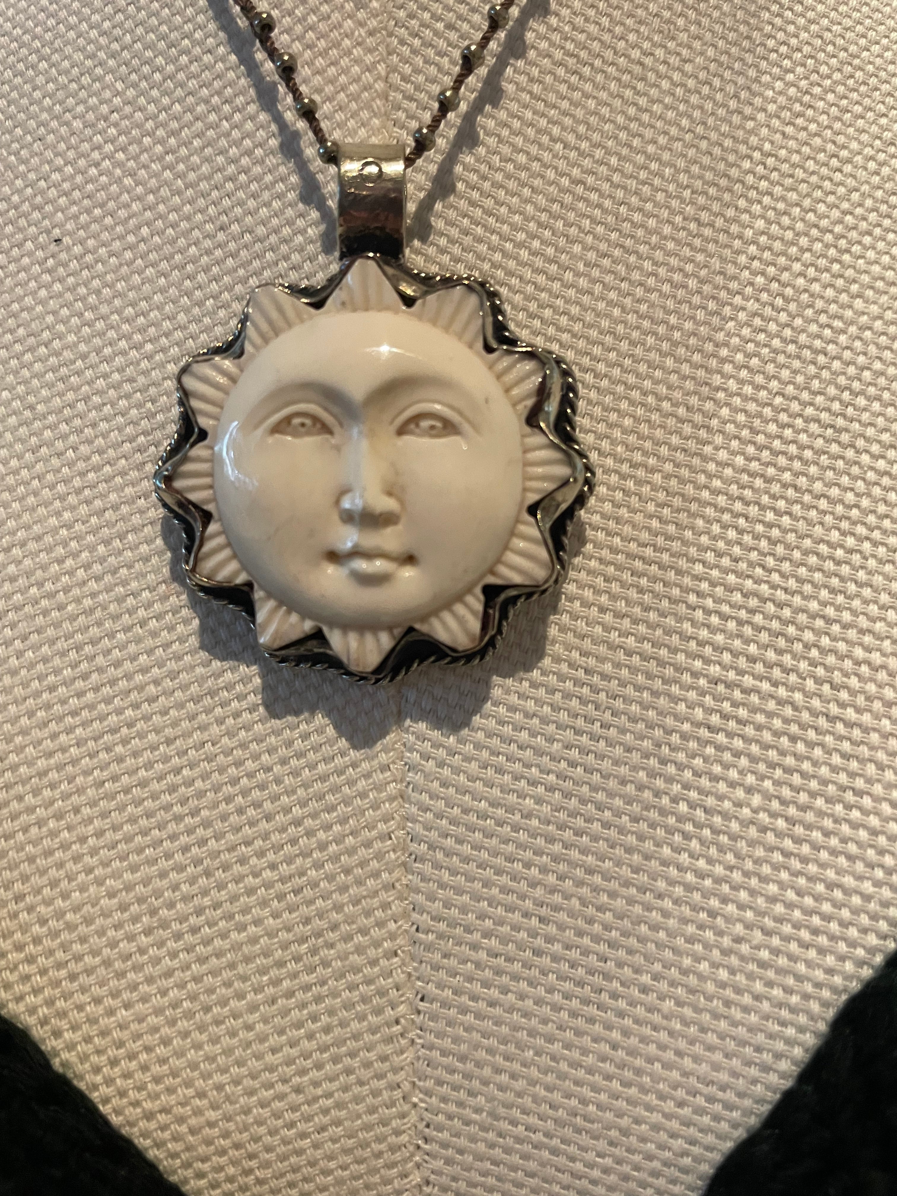 Sun Face Carved in Bone Necklace by Tara Gasparian