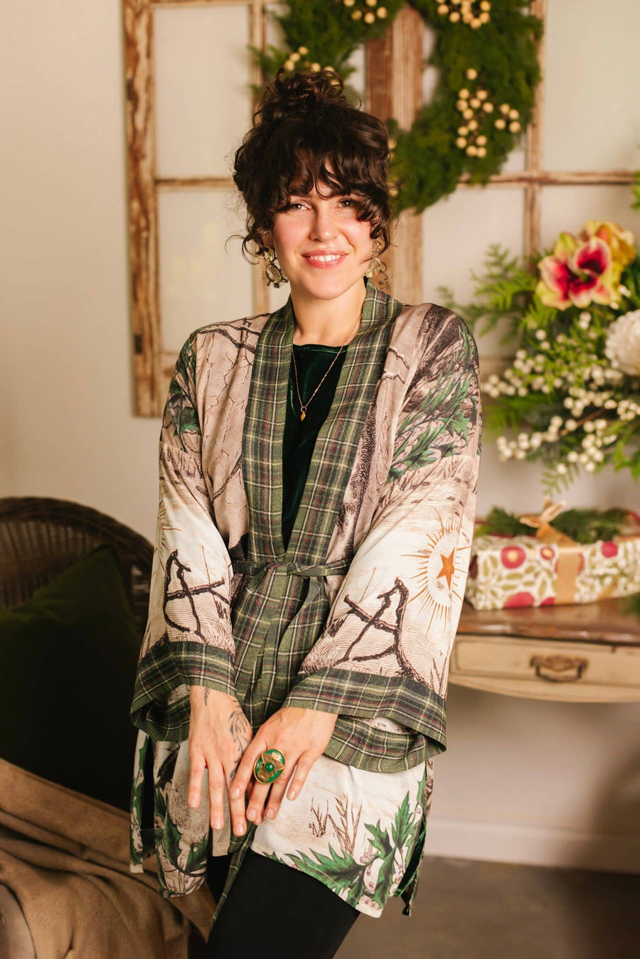 Winter Wish Christmas Plaid Bamboo Kimono Cardigan with Belt