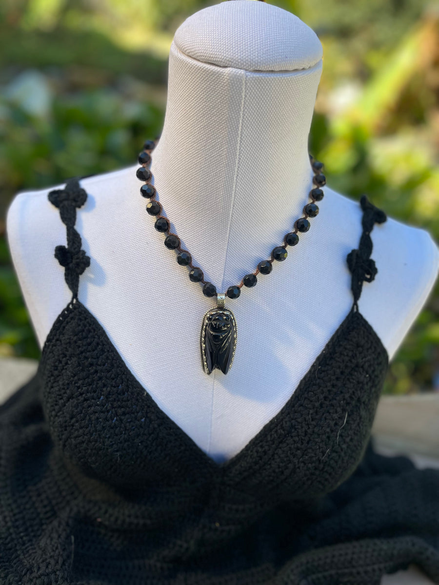 Carved Onyx Cicada Short Necklace