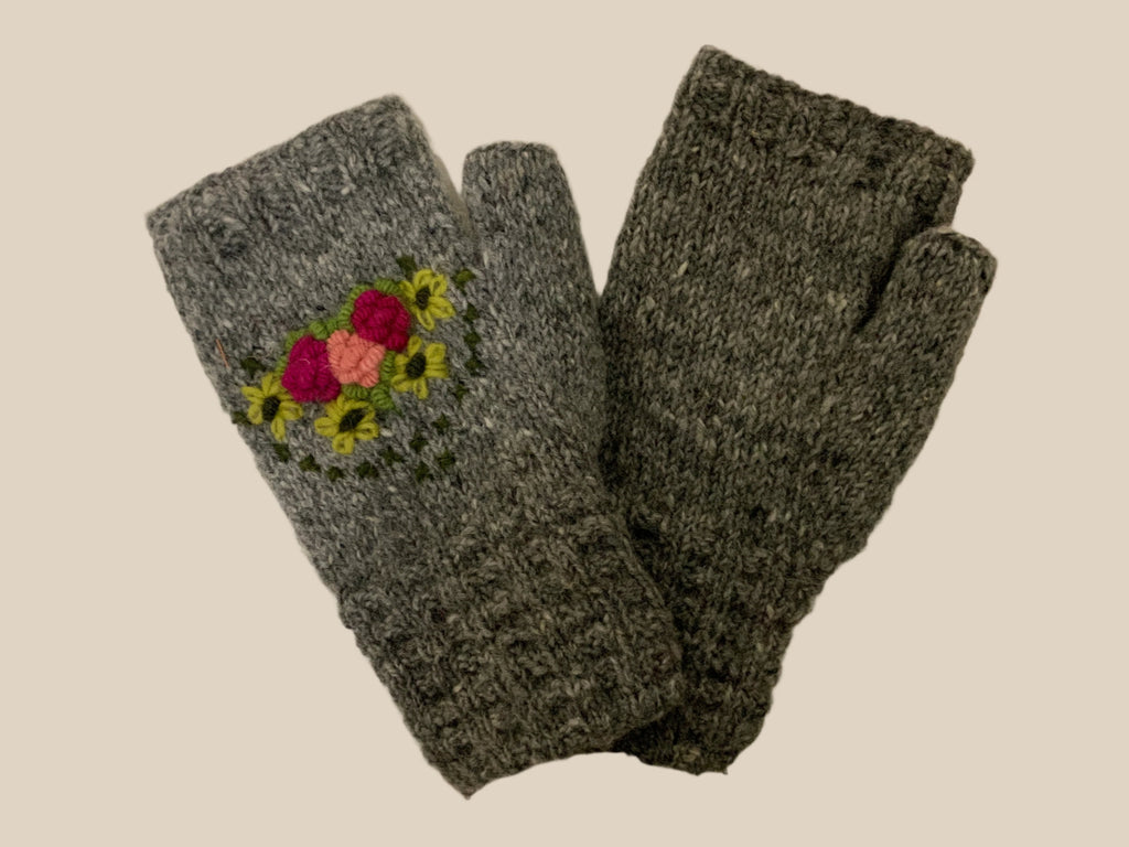 Fingerless Wool Lined Gloves with Emboidered Flowers by Yak N Yeti Robin Boutique