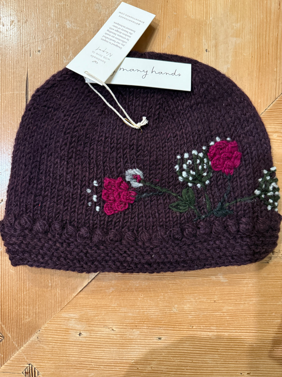 Theres Deep Plum Hand Knit Beanie Hat, Mittens and Fingerless Armwarmers By Many Hands