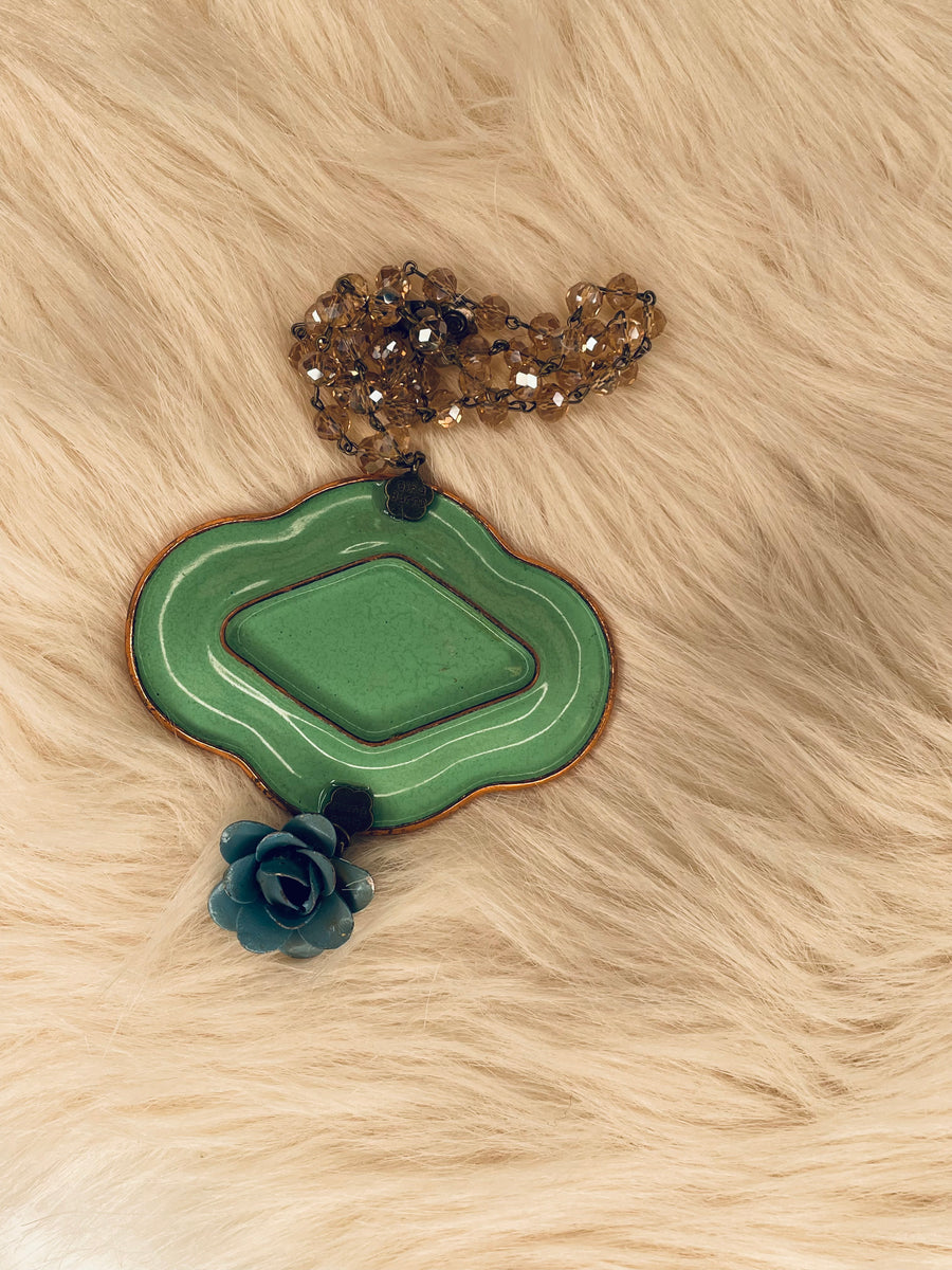 Mini Porcelain Plate in Green Rose Necklace by Gina