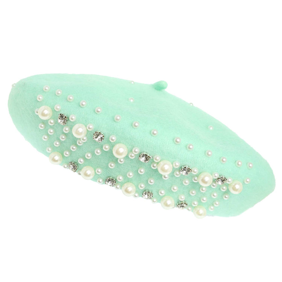Pearl Rhinestone Embellished Wool Blend Beret Hat