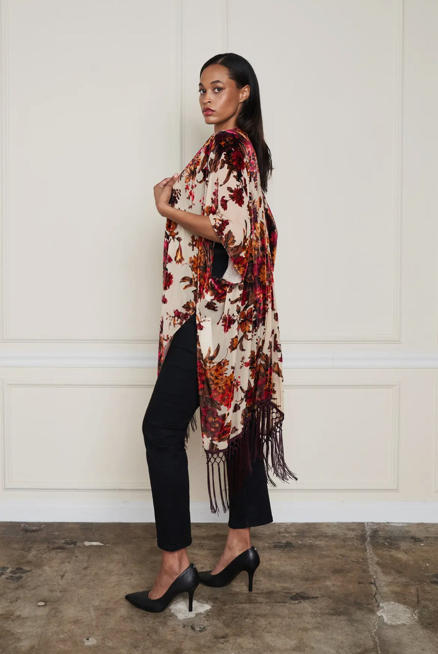 Burnout Velvet Floral Fringe Kimono by Paparazzi