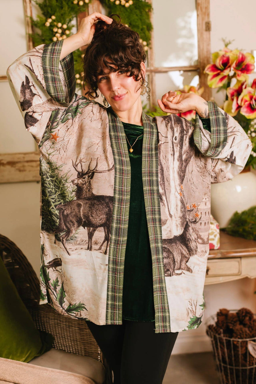 Winter Wish Christmas Plaid Bamboo Kimono Cardigan with Belt