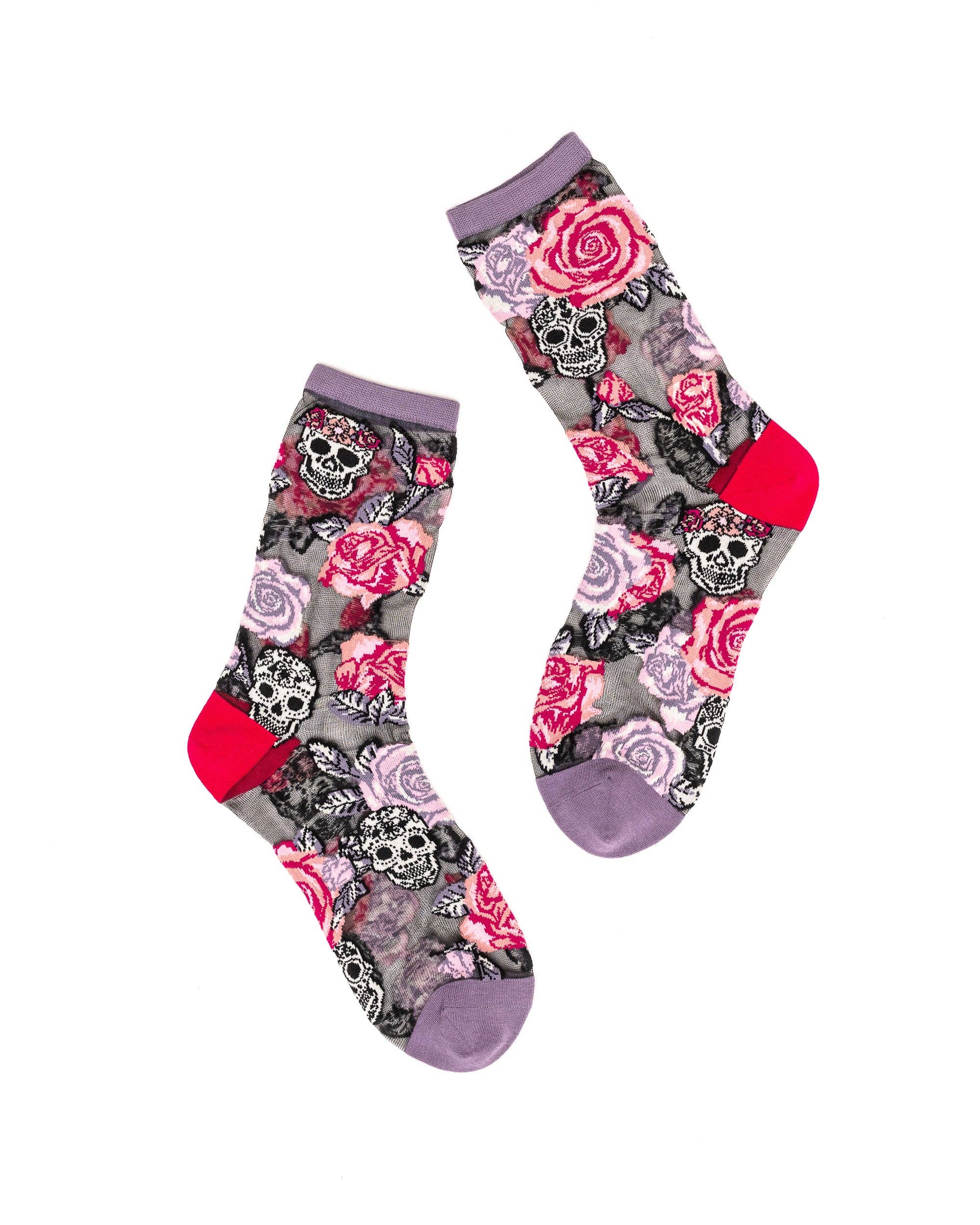 Skulls & Roses Black Sheer Crew Sock by Sock Candy Robin Boutique