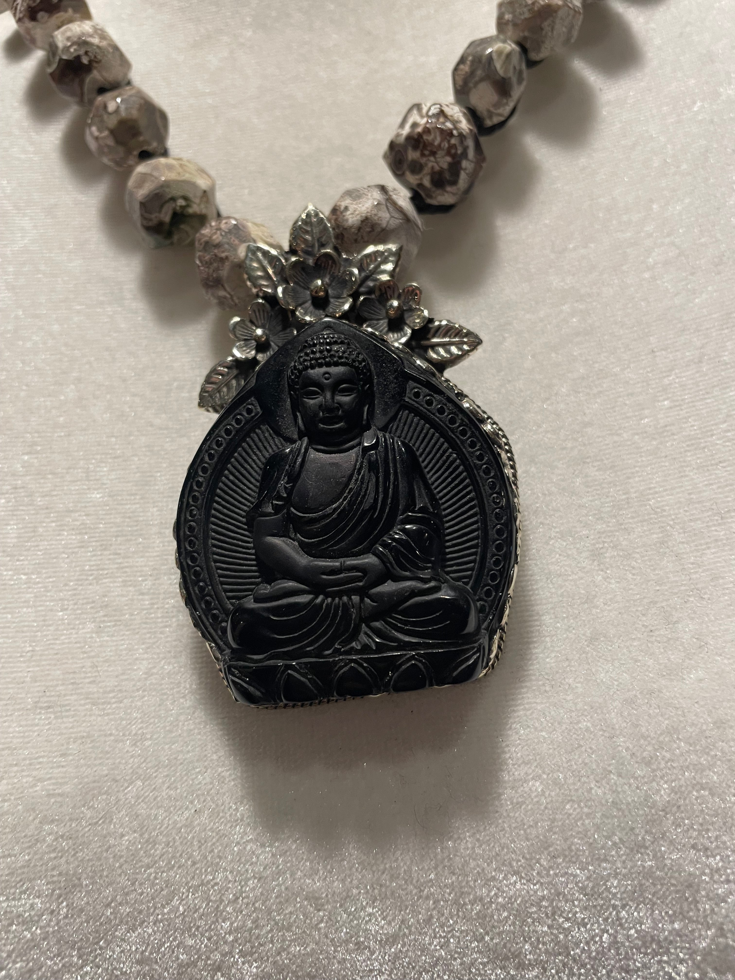 Carved Obsidian Buddha Short Necklace