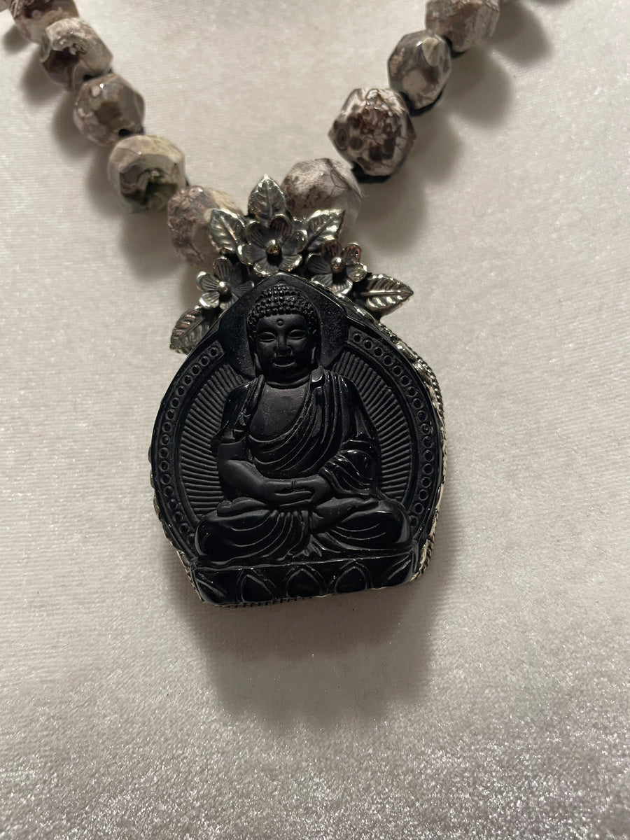 Carved Obsidian Buddha Short Necklace