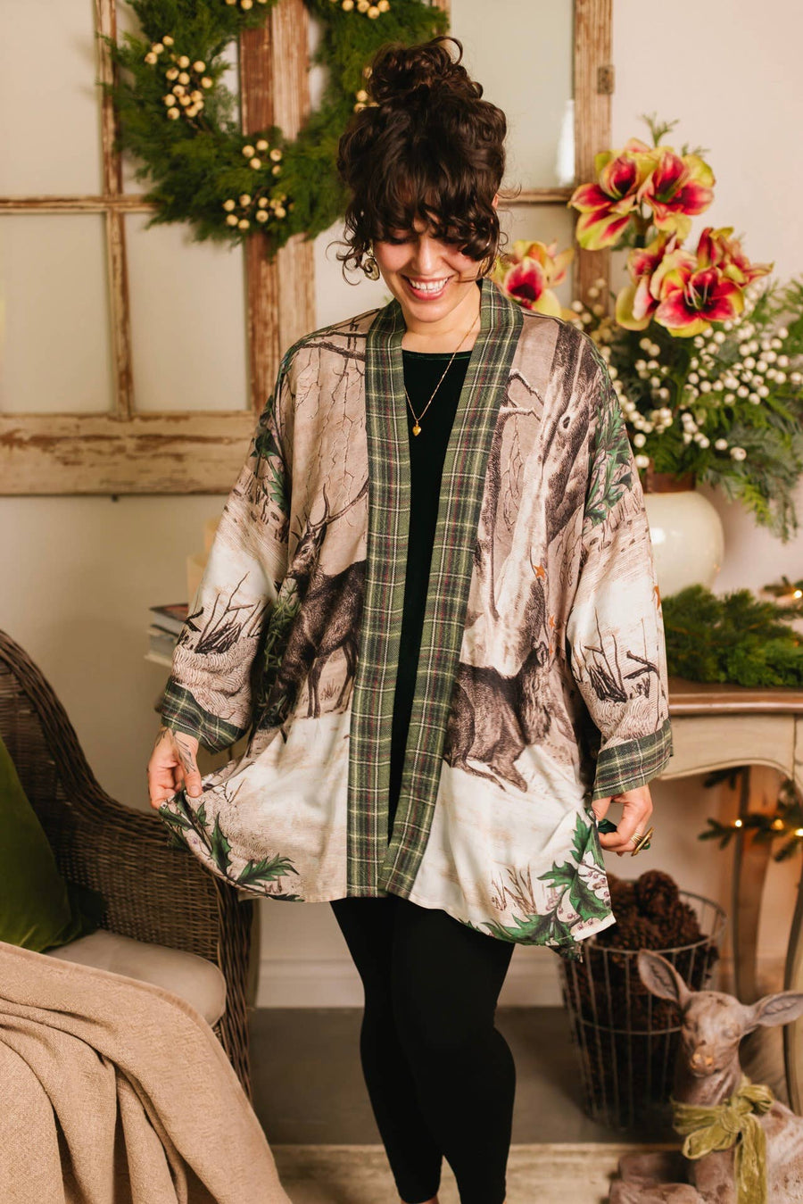 Winter Wish Christmas Plaid Bamboo Kimono Cardigan with Belt