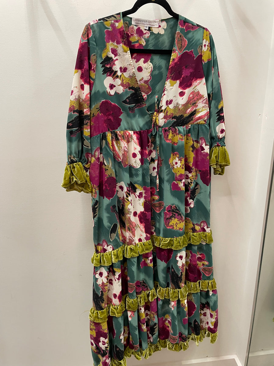 Fuchsia Fae Velvet Ruffle Maxi Dress