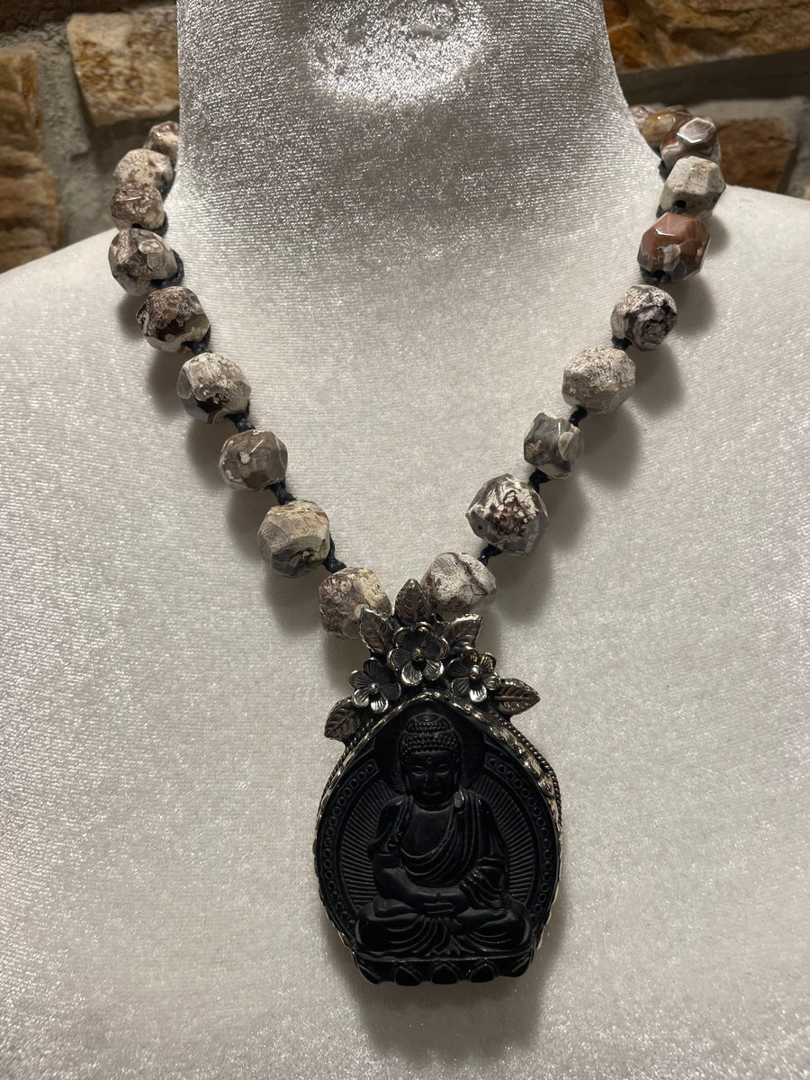 Carved Obsidian Buddha Short Necklace