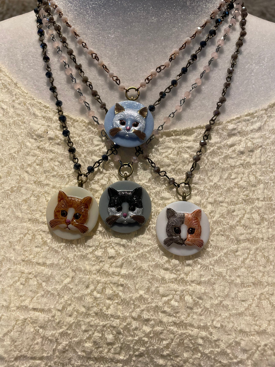 Vintage Cat Button Cameo Necklace by Gina