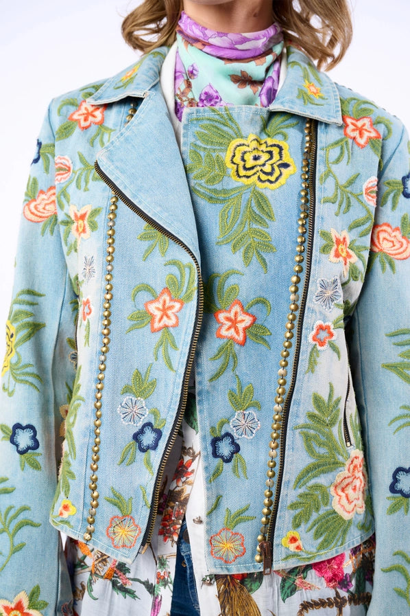 Lucinda Embroidered Denim Motorcycle Jacket by Aratta - Robin Boutique