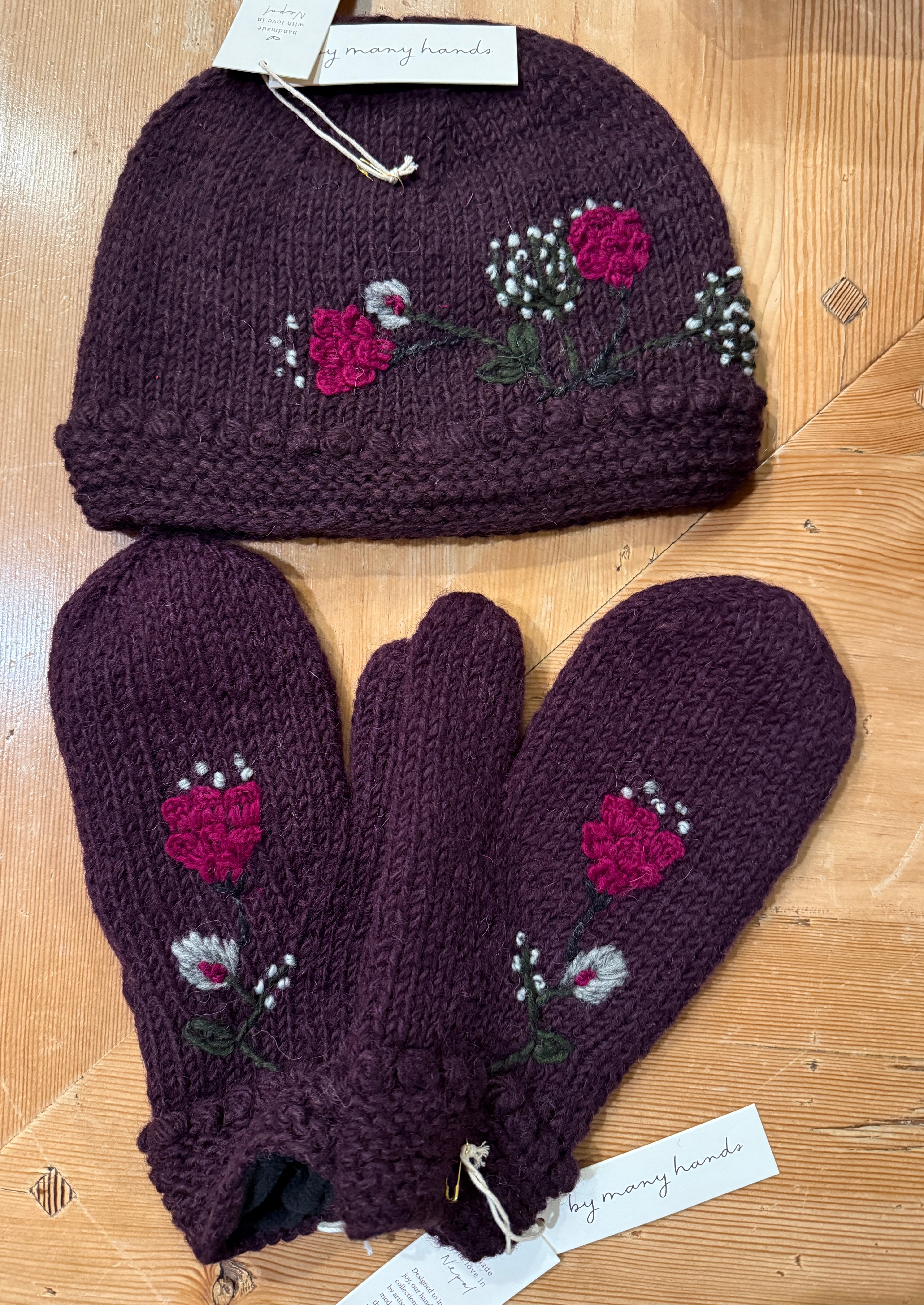 Theres Deep Plum Hand Knit Beanie Hat, Mittens and Fingerless Armwarmers By Many Hands