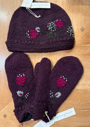 Theres Deep Plum Hand Knit Beanie Hat, Mittens and Fingerless Armwarmers By Many Hands