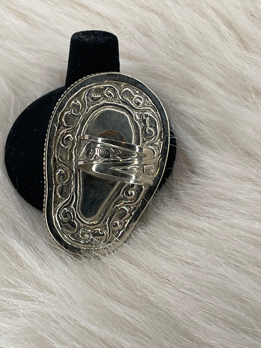 Large Black Skull Carved in Obsidian Adjustable Ornate Ring