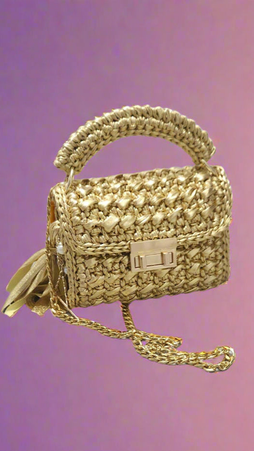 CHQEL Gold Metal Clutch Bag Women Handmade Crochet Purse