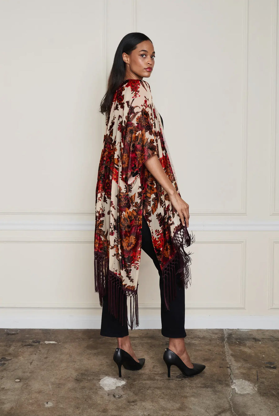Burnout Velvet Floral Fringe Kimono by Paparazzi