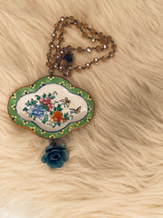 Mini Porcelain Plate in Green Rose Necklace by Gina