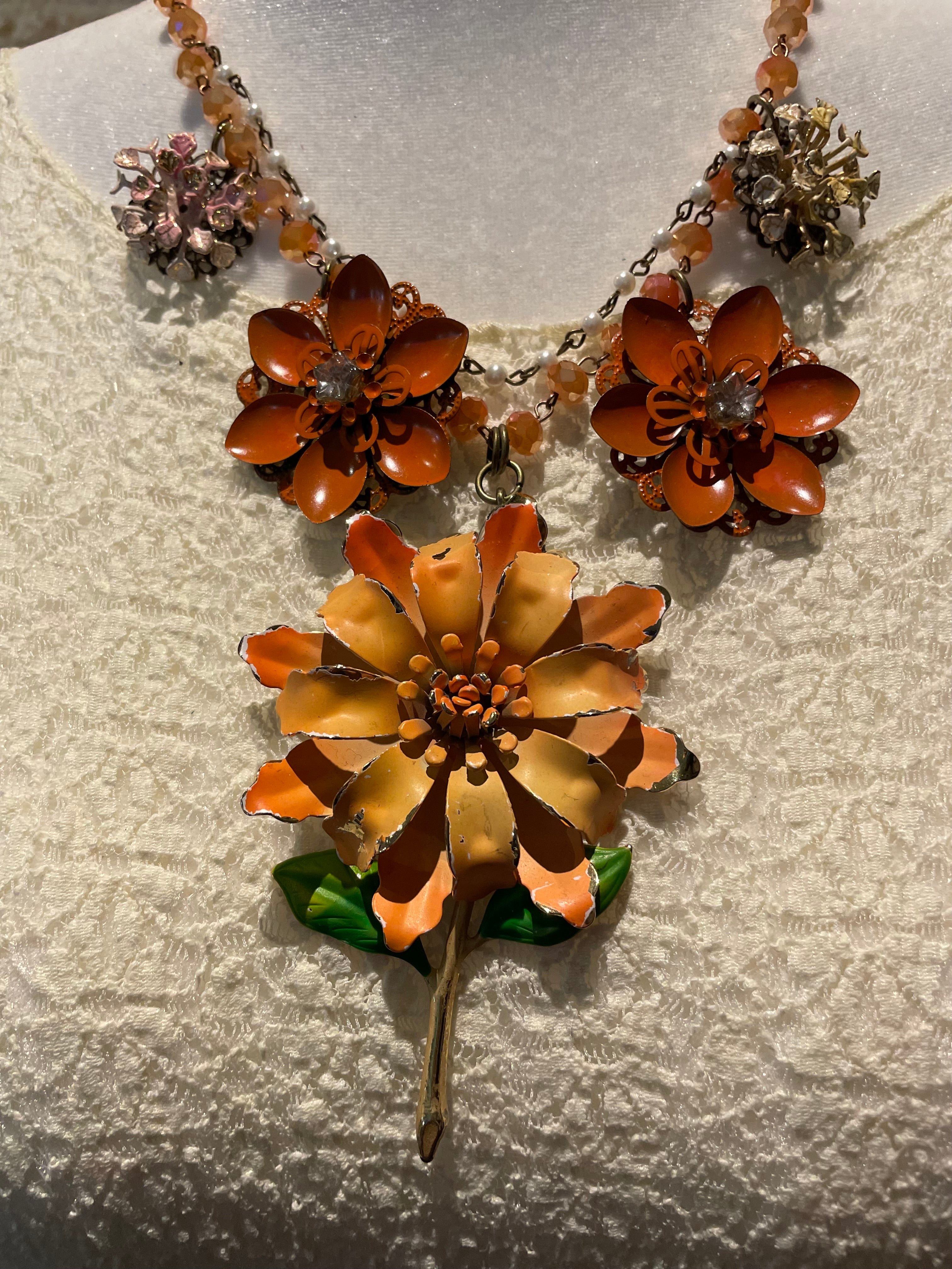 Orange Dahlia Cluster Necklace by Gina