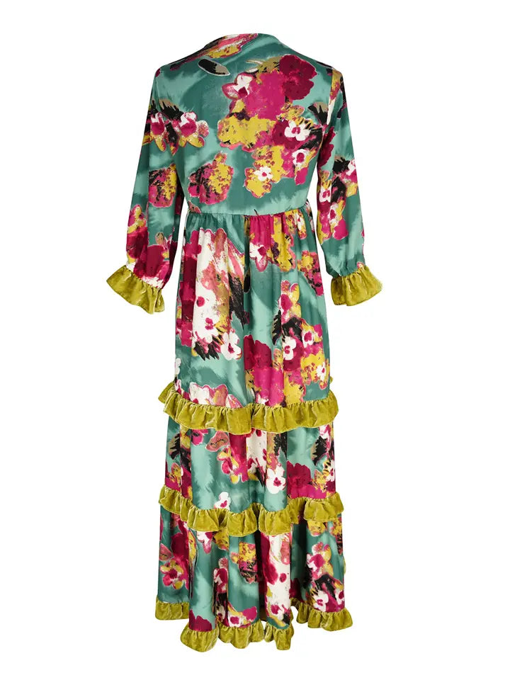 Fuchsia Fae Velvet Ruffle Maxi Dress