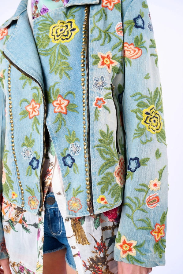 Lucinda Embroidered Denim Motorcycle Jacket by Aratta - Robin Boutique