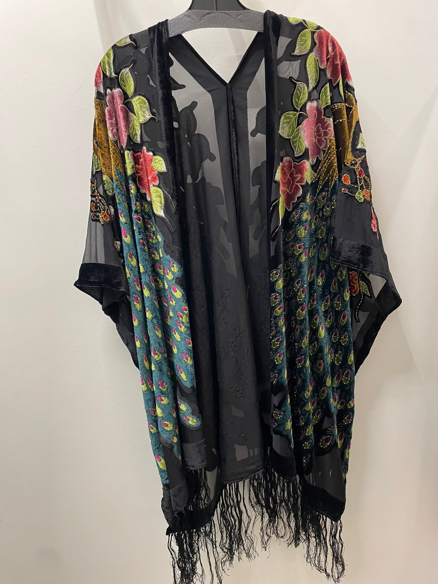 Silk Burnout Velvet Fringe Peacock Kimono by Aris A